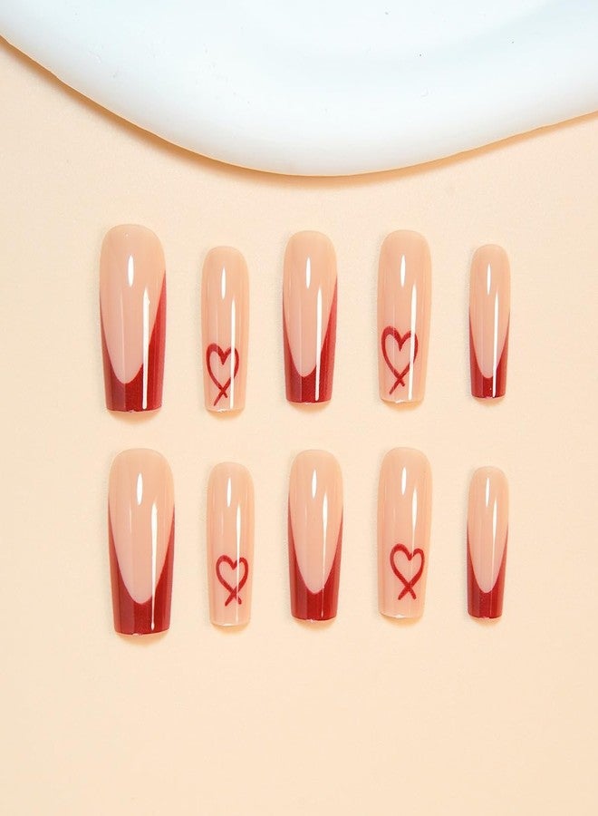 CTTHNBD Red French Tip Press on Nails Coffin - Medium Fake Nails with Heart Design - Glossy Full Cover Stick on Press ons for Women Manicure Kit 24 Pcs - Image 4